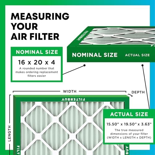 Filterbuy 16x20x4 Air Filter MERV 8 Dust Defense (6-Pack), Pleated HVAC AC Furnace Air Filters Replacement (Actual Size: 15.50 x 19.50 x 3.63 Inches)