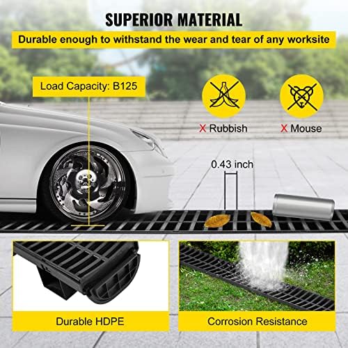 VEVOR Trench Drain System, Channel Drain with Plastic Grate, 5.7x3.1-Inch HDPE Drainage Trench, Black Plastic Garage Floor Drain, 5x39 Trench Drain Grate, with 5 End Caps, for Garden, Driveway-5 Pack