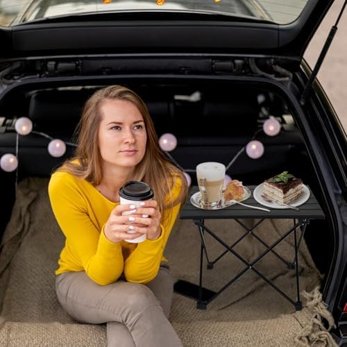 Foldable Camping Side Table, Ultralight Small Beach Aluminum, Portable Outdoor Table with Carry Bag and Storage for Picnic, Grill, Hiking, Fishing, Sand, Camping, Black