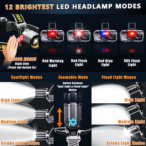 Led Headlamp Rechargeable, Super Bright HeadLamps 60H Long Battery Life with Sensor, Zoomable Head lamp with 12 Modes, IPX7 Waterproof, 120°Adjustable Headlight for Forehead, Working, Camping, Hiking