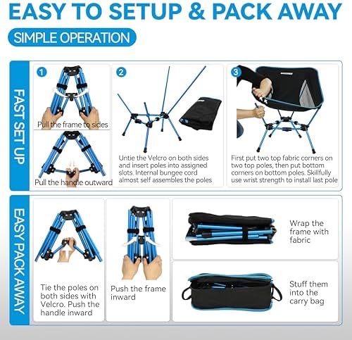 MARCHWAY Lightweight Folding Camping Chair, Stable Portable Compact for Outdoor Camp, Travel, Beach, Picnic, Festival, Hiking, Backpacking, Supports 330Lbs (Blue)