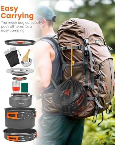 22Pcs Camping Cookware Mess Kit for 2, Lightweight Camping Kitchen Pots and Pans Set, Portable Camping Essentials for Backpacking, Camping Cooking Hiking and Picnic