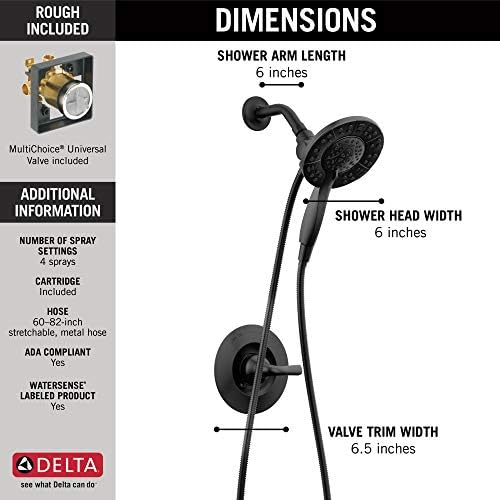 Delta Faucet Arvo 14 Series Single-Handle Shower Faucet, Shower Trim Kit with 4-Spray In2ition 2-in-1 Dual Hand Held Shower Head with Hose, Matte Black 142840-BL-I (Valve Included)