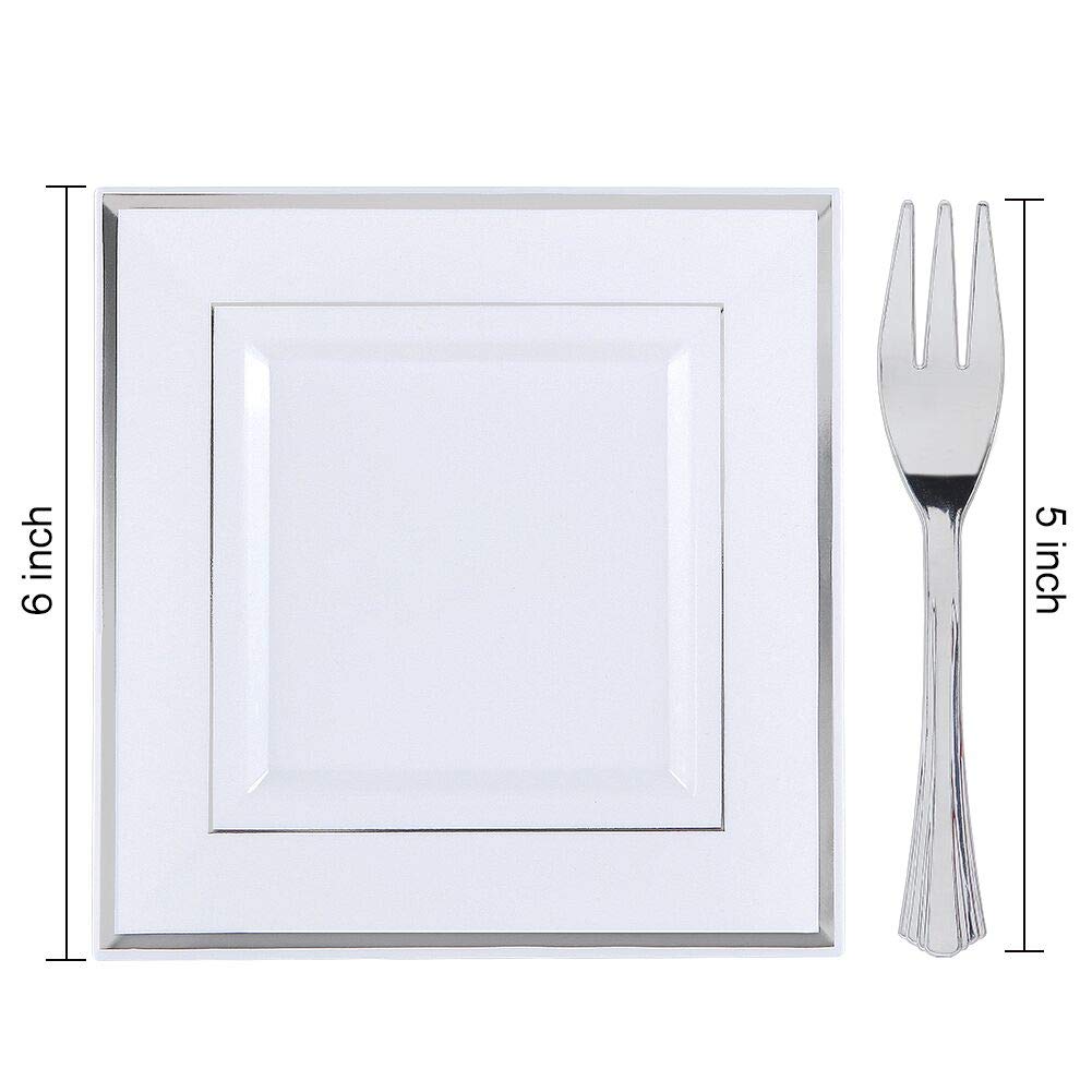 WDF Silver Plastic Dessert Plates with Plastic Forks - 6” 100 Square Disposable Appetizer Plates Small Plates Cake Plates with Silver Rim &100 Small Appetizer Forks for Christmas Party/Wedding