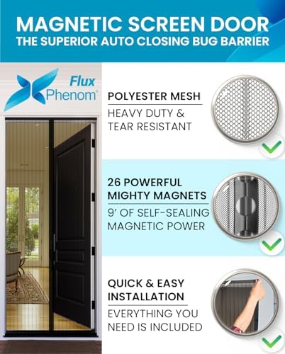 FLUX Magnetic Screen Door - Self-Closing, Pet-Friendly, Durable Polyester Mesh Screen Door with Powerful Magnetic Attachments, Keeps Bugs Out, Fits Sliding Doors and Standard Doors up to 36" x 78"