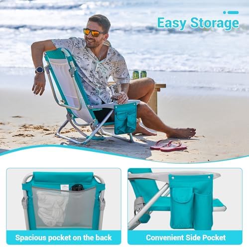 #WEJOY Folding Beach Chair for Adults, 4-Position Aluminum Lightweight Beach Chair, Low Sands Chairs with Shoulder Strap, Cup Holder and Padded Headrest, Supports 265lbs for Lawn