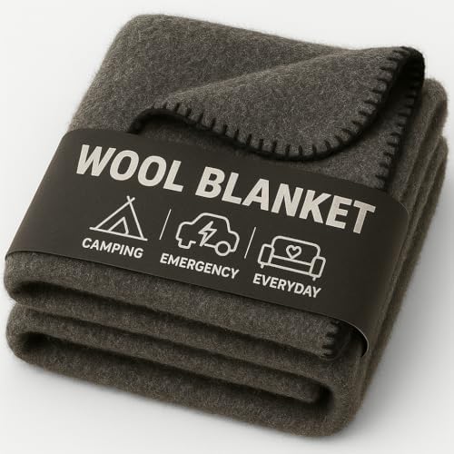Wool Camping Blanket – 70% Wool Heavy-Duty Military Style Throw, Warm & Washable, Fire Retardant Cover for Emergency, Survival & Outdoor Use – Perfect for Camping, Car, Home & Hiking, Grey 62x84