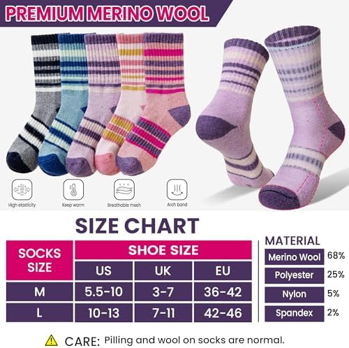 DoSmart Merino Wool Hiking Socks for Women Thermal Winter Warm Moisture Wicking Boot Work Cushion Gift Socks 5 Pairs