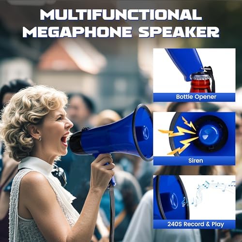 MyMealivos Portable Megaphone Bullhorn 20 Watt Power Megaphone Speaker Voice and Siren/Alarm Modes with Volume Control and Strap (Blue)…