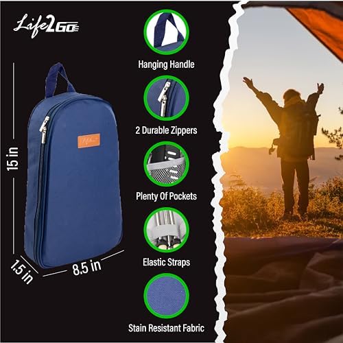 30 Pcs Camp Cooking Utensil Set & Outdoor Kitchen Gear Cookware Kit, Portable Compact Carry Case for Camping, Hiking, Travel, BBQ Grilling Stainless Steel Accessories Spoon & Fork, Navy