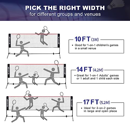 BAGAIL Badminton Net, Height Adjustable Kids Volleyball Net, Foldable Nylon Net 10 ft/14ft/17ft Wide, Tennis Net, Small Pickleball Net for Backyard Game and Indoor Outdoor Use, Easy Setup