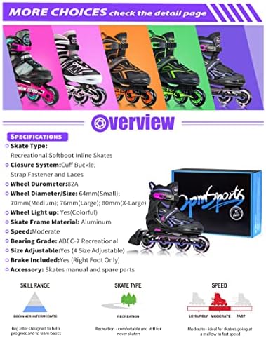 2PM SPORTS Vinal Girls Adjustable Flashing Inline Skates, All Wheels Light Up, Fun Illuminating Skates for Kids Men Adult Women and Boys