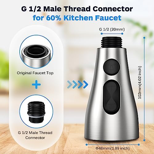 Kitchen Faucet Head Replacement 3 Modes with 17 Adapters, Pull Down Spray Head for Kitchen Faucet, Kitchen Sink Faucet Head G 1/2, Sprayer Head Replacement, Compatible with Moen,Delta, Kohler Faucets