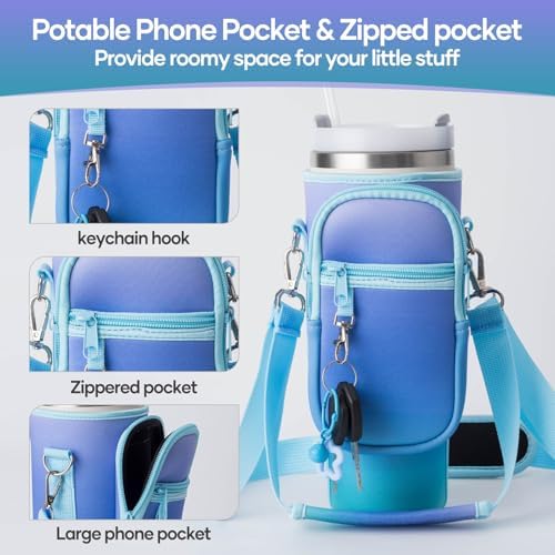 linmaya Water Bottle Carrier Bag with Phone Pocket for Stanley Cup 40/30oz,Insulated Neoprene Water Bottle Holder Cross-boday Bag with Adjustable Shoulder & Handheld Strap Stanley Cup Accessories