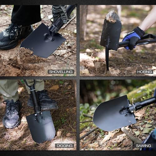 REDCAMP 23" Military Folding Camping Shovel w/Cover,Portable Shovel with High Manganese Steel, Tactical Entrenching Tool Tri-fold Handle Shovel for Camping Hiking Sand Mud Snow Beach, Black 2.5Lbs