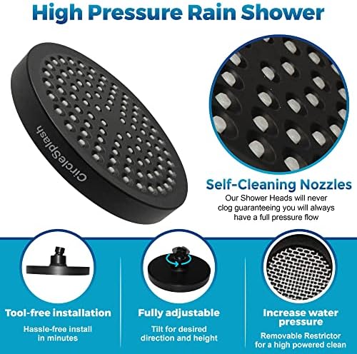High Pressure Shower Head - Anti-Clogging Silicone Nozzles - 2.5 GPM Removable Restrictor - Easy to Clean Adjustable Replacement - easy to install with Plumbers Tape - 6 inch - Matte Black Finish