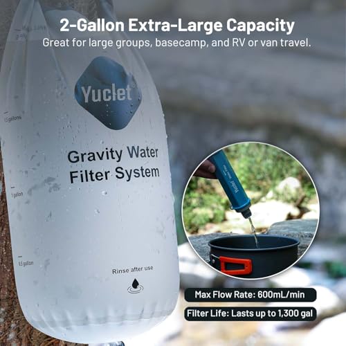 Gravity Water Filter System w/ 2-Gal Bag & 0.1-Micron Water Filter Straw, Gravity-Fed Water Filtration System Water Purifier Survival for Camping, Backpacking, Hiking & Emergency Preparedness