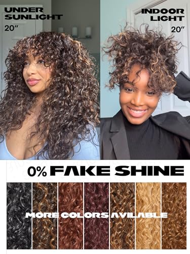 GORGIUS Highlight Brown Curly Wig with Bangs Glueless Synthetic Bang Wigs with Realistic Scalp Put On ang Go Beginner Friendly 20 Inch
