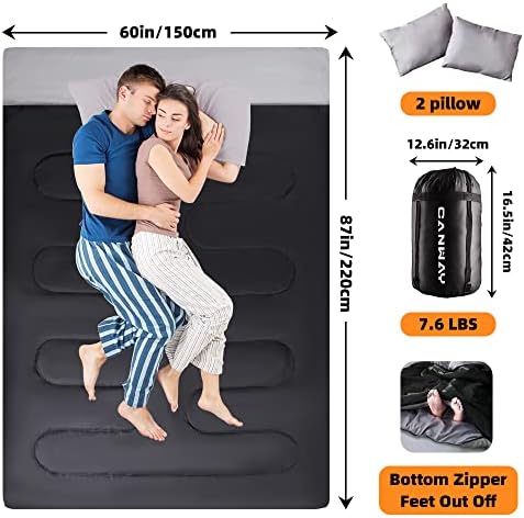 CANWAY Double Sleeping Bag Flannel for Adults Cold Weather Queen Size Two Person Sleeping Bags for Camping with 2 Pillows