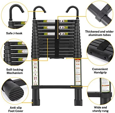 Telescopic Ladder, 12.5FT RIKADE Aluminum Telescoping Ladder with Non-Slip Feet and Stable Hook, Portable Extension Ladder for Household and Outdoor Working, 330lb Capacity Black