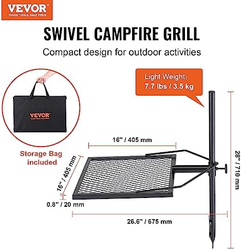 VEVOR Swivel Campfire Grill, Fire Pit Grill Grate over Fire Pits, Heavy Duty Steel Grill Grates, 360° Adjustable Open Fire Outdoor Cooking Equipment, Portable Camp Fire Racks for Camping Outdoor BBQ