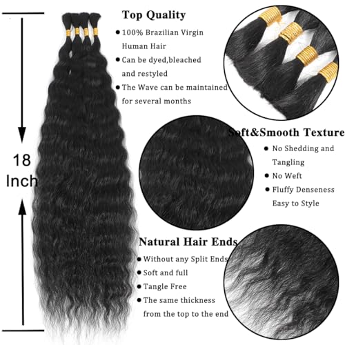 AIVICO Super Wave Bulk Human Hair 100% Unprocessed Brazilian Virgin Human Hair Extensions Bundles for Braiding Hair Wet and Wave Micro Human Hair(1Pack-4PCS, 18inch Natural Black)