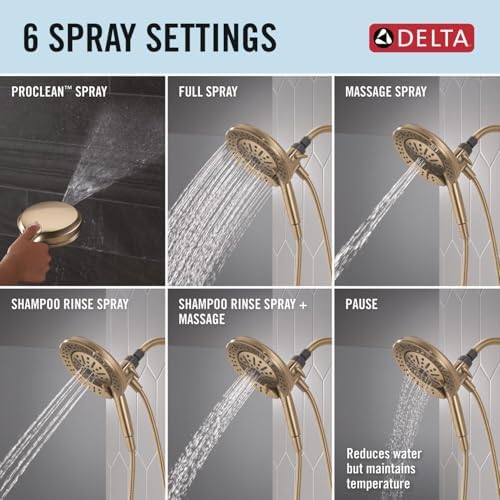 Delta Faucet 6-Setting In2ition 2-in-1 Dual Shower Head with ProClean Spray, Gold Round Shower Head with Hose, Hand Held, Champagne Bronze 75655CZ