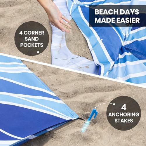 Extra Large Beach Blanket Waterproof & Sandproof 9'x10'8" for 10 People - Beach Essentials for Family, Picnic, Concert, Travel - Includes 4 (+2) Stakes - by Everlasting Comfort