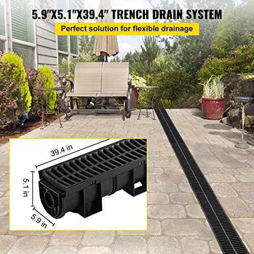 VEVOR Trench Drain System with Plastic Grate, 5.9x5.1-Inch HDPE Channel Drainage for Garden, Driveway - 6 Pack