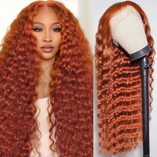 Bilisar 30 Inch Ginger Wig Human Hair 13x6 Deep Wave Lace Front Wigs 200 Density Hd Lace Curly Orange Wig Glueless Wigs Human Hair Pre Plucked Pre Cut With Baby Hair