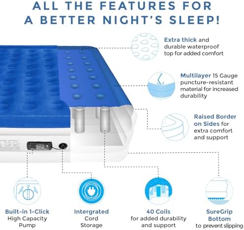 SoundAsleep Dream Series Luxury Air Mattress with ComfortCoil Technology & Built-in High Capacity Pump for Home & Camping- Double Height, Adjustable, Inflatable Blow Up, Portable - King Size