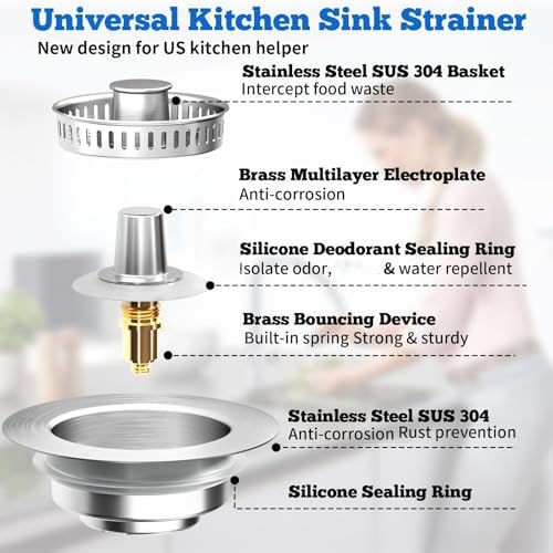Upgraded 3 in 1 Kitchen Sink Drain Strainer Stopper, Brushed Stainless Steel SUS 304 Pop Up Sink Drain Stopper for Standard 3-1/2 Inch Drain Anti-Clogging Odor Prevention