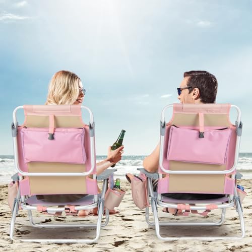 Giantex Folding Beach Chair, Patio Sling Chairs with 5 Adjustable Position, Head Pillow, Storage Bag, Towel Bar, Cup Holders, Backpack Chairs for Sunbathing, Camping Chair