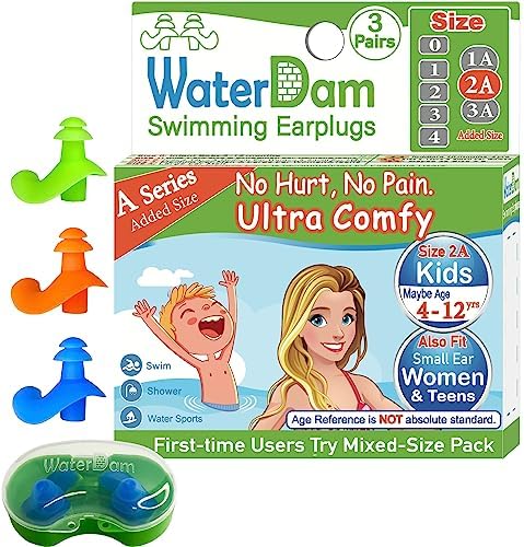 WaterDam A-Series Swimming Ear Plugs Ultra Comfy Great Waterproof Earplugs (Size 2A, Size 2A+2A+2A: Kids Teens Small&Medium Ear Women (Green Orange Blue))