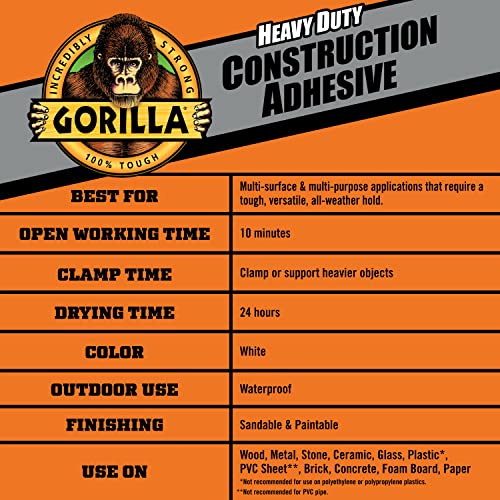 Gorilla Heavy Duty Construction Adhesive, White Glue, 7 Ounce Squeeze Tube (Pack of 2) - Gap Filling and Waterproof