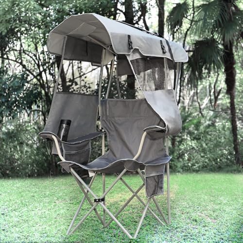Camping Chair with Canopy Shade,Portable Folding Chair with UPF 50+ Sun Shade,Cup Holder,Side Pocket,Soccer Chair Adults for Camp,Beach,Outdoor Sports-Support 330 LBS Grey