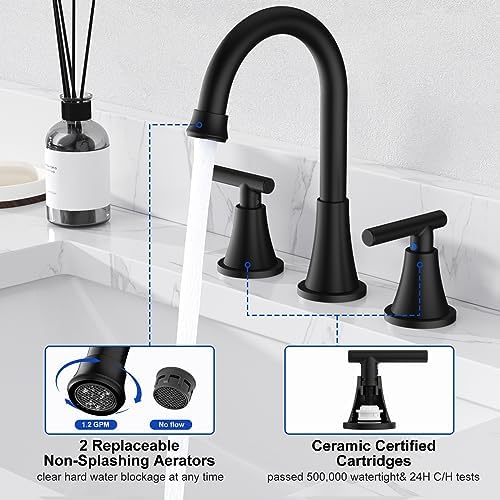 Bathroom Faucets for Sink 3 Hole, Hurran Matte Black Bathroom Sink Faucet with Pop-up Drain and Supply Lines, Stainless Steel Lead-Free Widespread Faucet for Vanity RV Farmhouse, 2 Pack