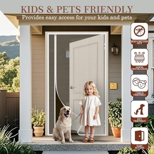 Yotache White Reversible Left Right Side Opening Magnetic Screen Door Fits Door Size 36 x 78, Top Middle Anti-Tearing Net Curtain, Actual Screen Size 38" x 79"