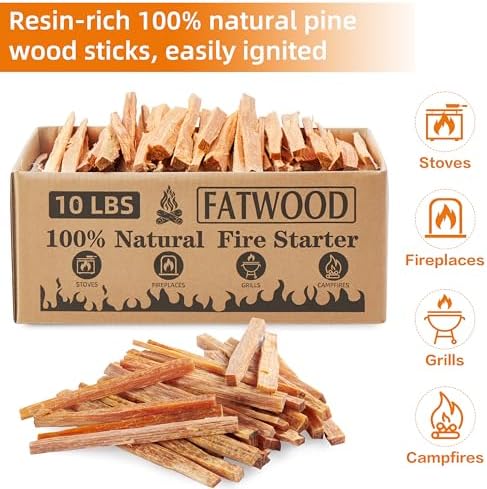 10 lbs Fatwood Fire Starter Sticks, 100% Natural Kindling Firewood Firestarter for Stoves, Pine Wood for Fireplaces, Campfires, Bonfires, Grill