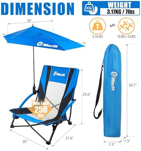 EMERIT Low Beach Chairs for Adults, Sling Beach Chair with Umberalla, Folding Backpack Camping Chair with Cup Holder