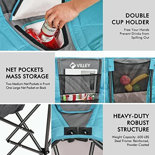 VILLEY Double Camping Chair w/Cooler Bag, Extra Wide Loveseat, Heavy Duty Padded Camping Couch, Portable Folding Chair w/Carry Bag Steel Frame Cup Holders for Camp Lawn Picnic Sports, Support 600LBS
