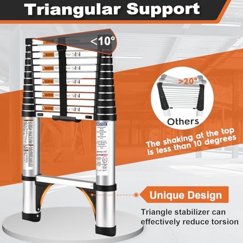 Soctone Telescoping Ladder, 10.5 FT Button Retraction Aluminum Extension Ladder with 2 Triangle Stabilizers, Multi-Purpose Ladder with Slow Down Design, 330lbs Max Capacity for House Daily Life