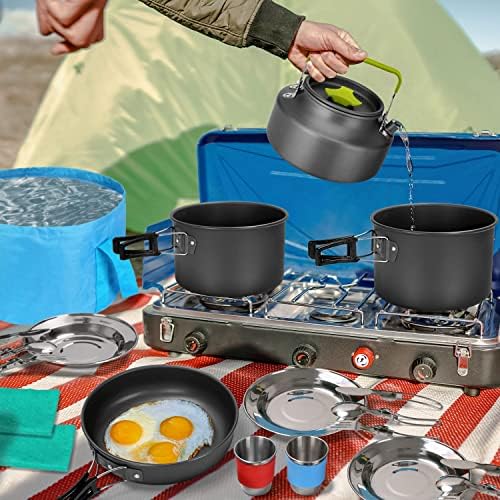 Odoland 29pcs Camping Cookware Mess Kit, Non-Stick Lightweight Pots Pan Kettle, Collapsible Water Container and Bucket, Stainless Steel Cups Plates Forks Knives Spoons for Outdoor Backpacking Picnic