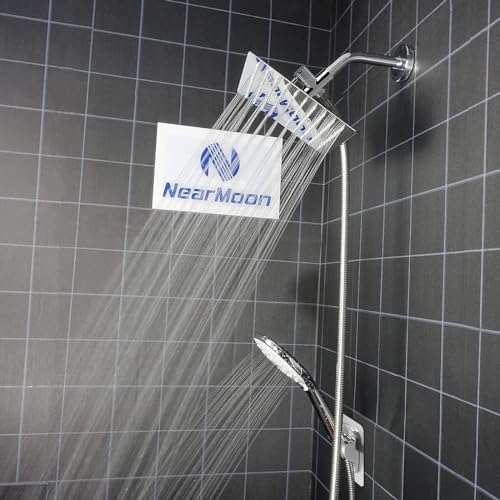 NearMoon Shower Head with Hose, High Pressure Stainless Steel Rain Shower and 3 Settings Handheld Spray Combo with Push Button Flow Control (8 Inch Showerhead Set, Chrome Finish)
