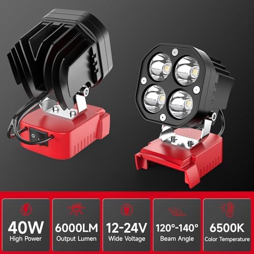 LED Work Light Compatible with Milwaukee 18V Battery, 40W 6000LM Flashlight, 18V Battery Cordless Work Light 120°Adjustable with Low Voltage Protection for Outdoors and Job Site Lighting