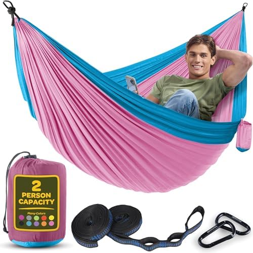 Durable Hammock 500 lb Capacity, Nylon Camping Hammock Chair - Double or Single Sizes w/Tree Straps and Attached Carry Bag - Portable for Travel/Backpacking/Beach/Backyard (Large, Fuchsia & Sky Blue)
