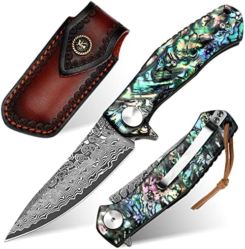 Benkey Damascus Pocket Knife with Clip Leather Sheath Sharp VG10 Core Folding Knife, EDC with Liner Lock Unique Abalone Seashells Handle for Outdoor Survival Camping Collection