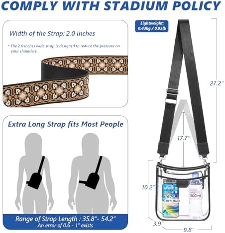 3 Pockets Large Clear Bag for Stadium Events with 2 Long Straps Purse for Women Crossbody Bag Concert Stadium Approved