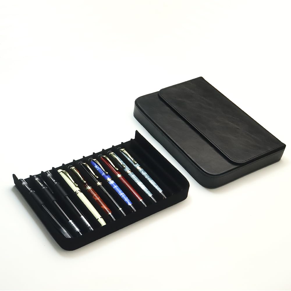 MIVLXLX Leather 12 Fountain Pen/Pencil Tray Case Organizer, Fashion Design, Handmade, Magnetic Closure with Drawer, Christmas Gift for Man/Woman/Office, 12 Slots(black)