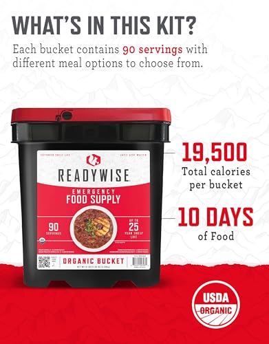 READYWISE - Organic Bucket, 90 Servings, Emergency, MRE Meal, Food Supply, Premade, Freeze Dried Survival Food for Hiking, Adventure and Camping Essentials, Individually Packaged, 25 Year Shelf Life